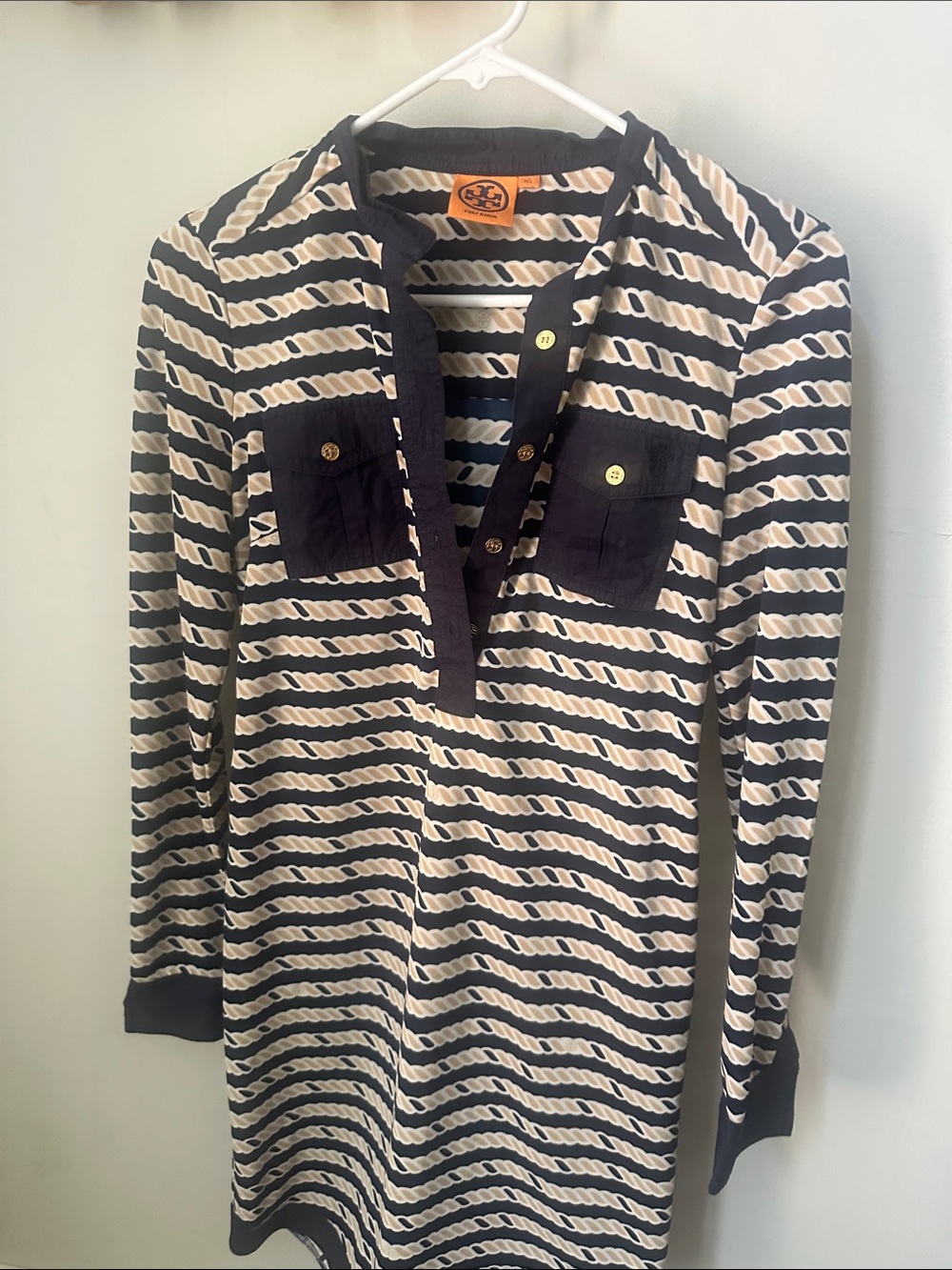 Tory Burch Navy and Cream Striped Rope-Print Tunic Dress